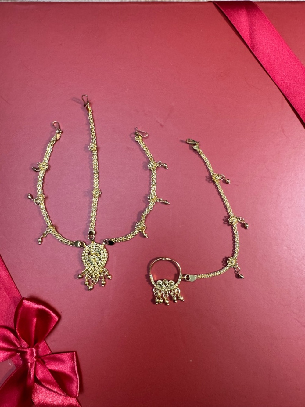 Indian Bridal Maang Tikka + Clip-On Nose Ring Set • Gold Tone • Festival